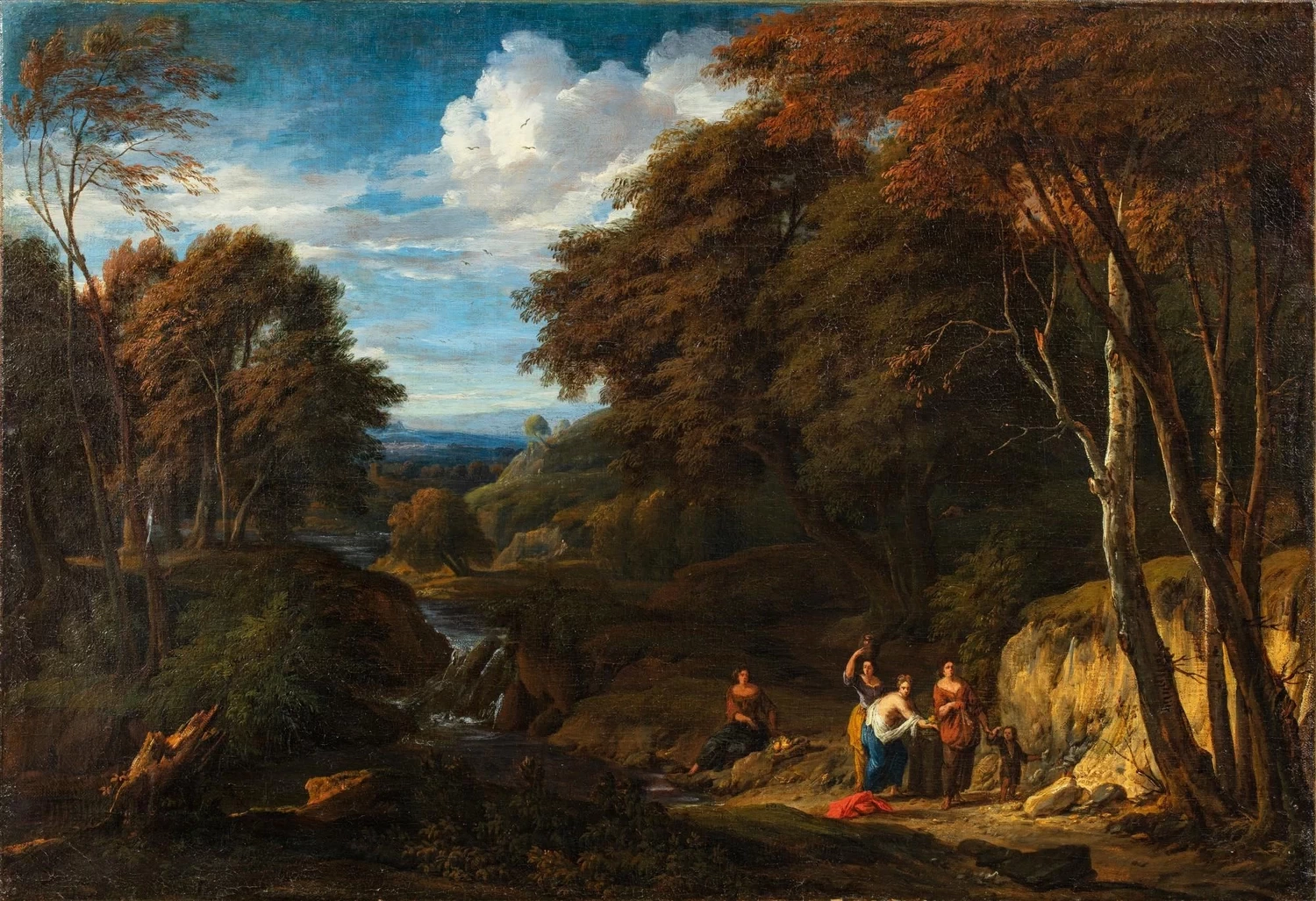 Paesaggio di sottobosco presso il torrente con donne alla fonte